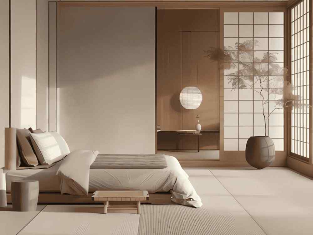 Phòng ngủ phong cách Japandi, giường thấp, cửa trượt Shoji, đèn giấy tròn, tông màu be nhẹ nhàng