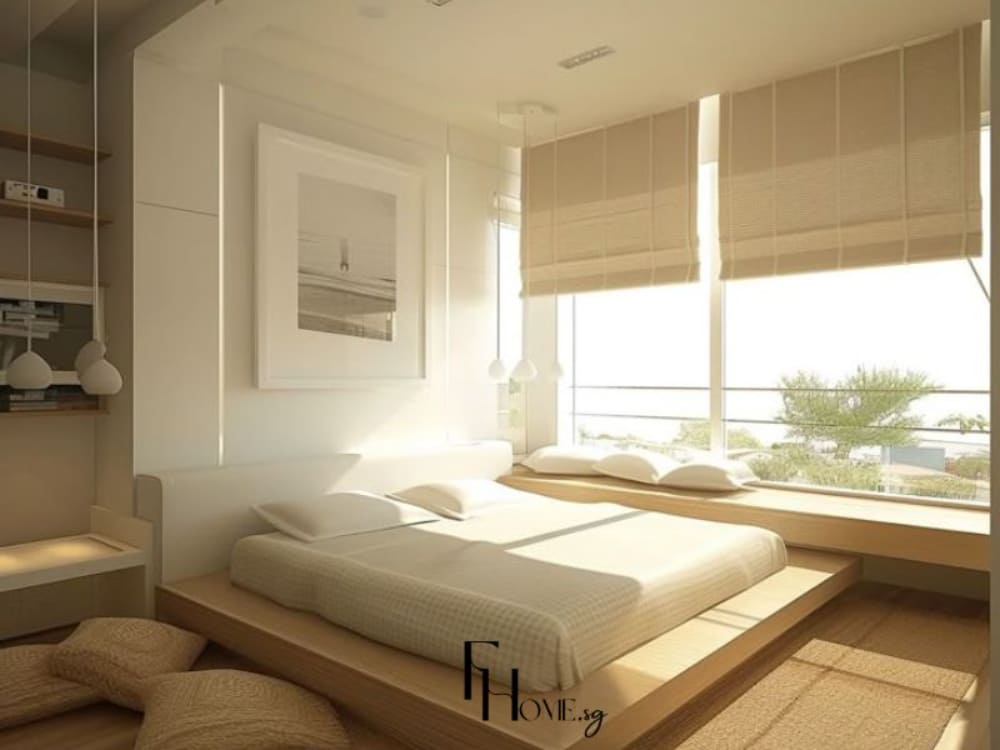 Phòng ngủ phong cách Nhật Bản hiện đại, tông be nhạt và gỗ tự nhiên, giường bệt cạnh cửa sổ lớn đón nắng