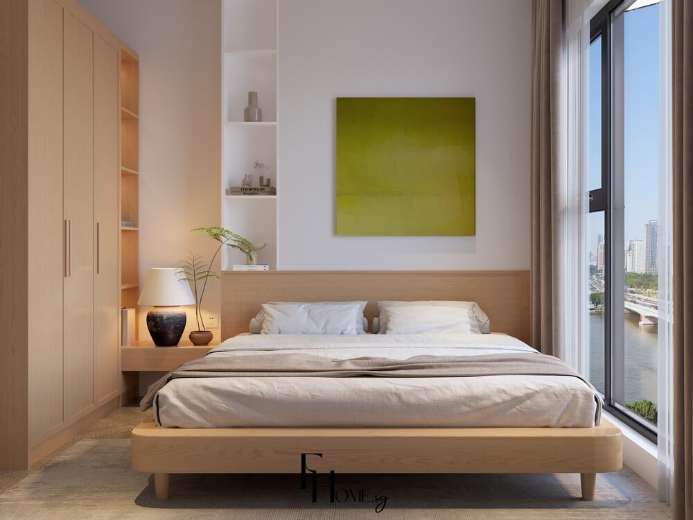 Phòng ngủ phong cách Nhật Bản với giường bệt gỗ sáng màu, tủ quần áo phẳng