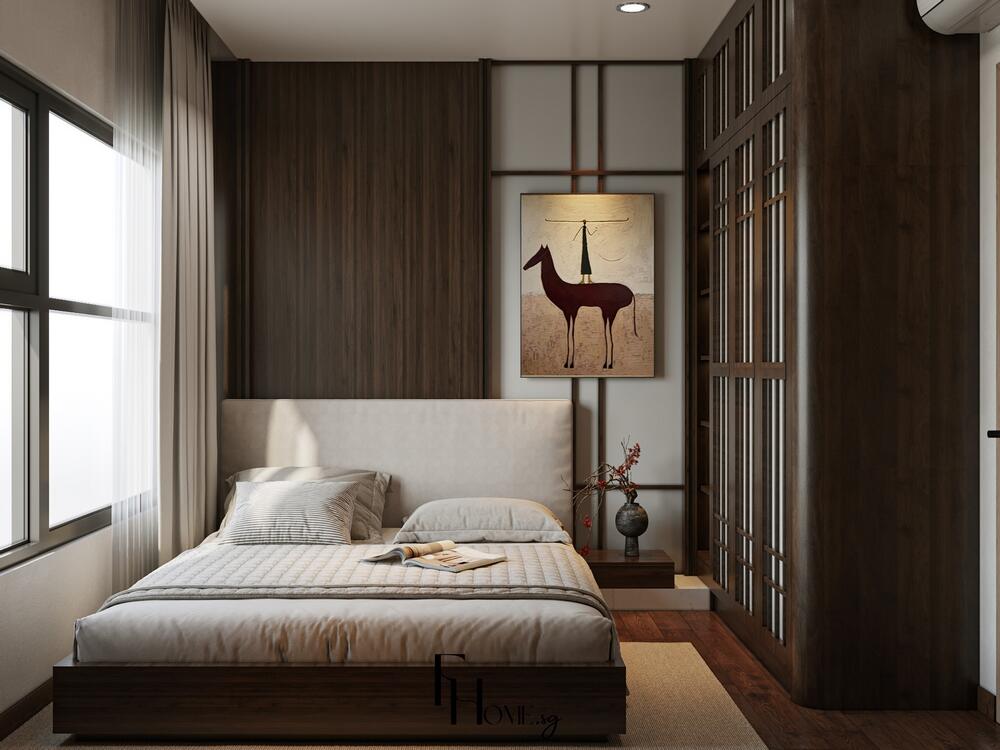 Phòng ngủ phong cách Nhật Bản với gỗ nâu trầm, tranh treo tường và cửa lùa khung gỗ