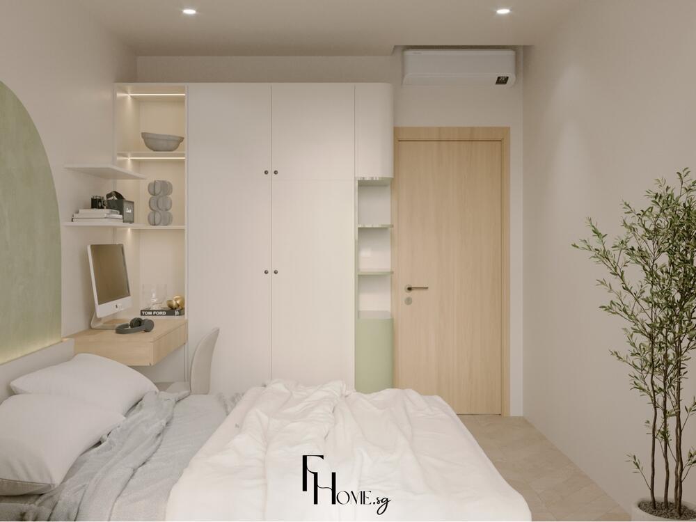 Phòng ngủ phong cách Nhật Bản với nội thất sáng màu, cây xanh và không gian mở thoáng đãng