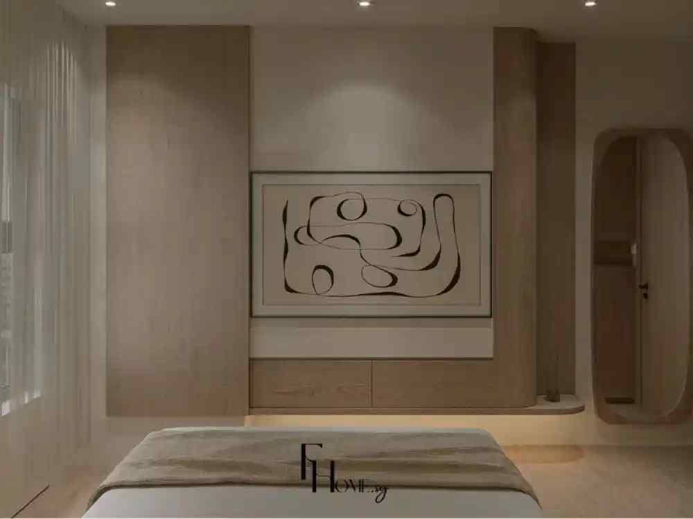 Phòng ngủ phong cách Nhật Bản với tông màu be – gỗ chủ đạo, bức tranh trừu tượng trang trí đầu giường