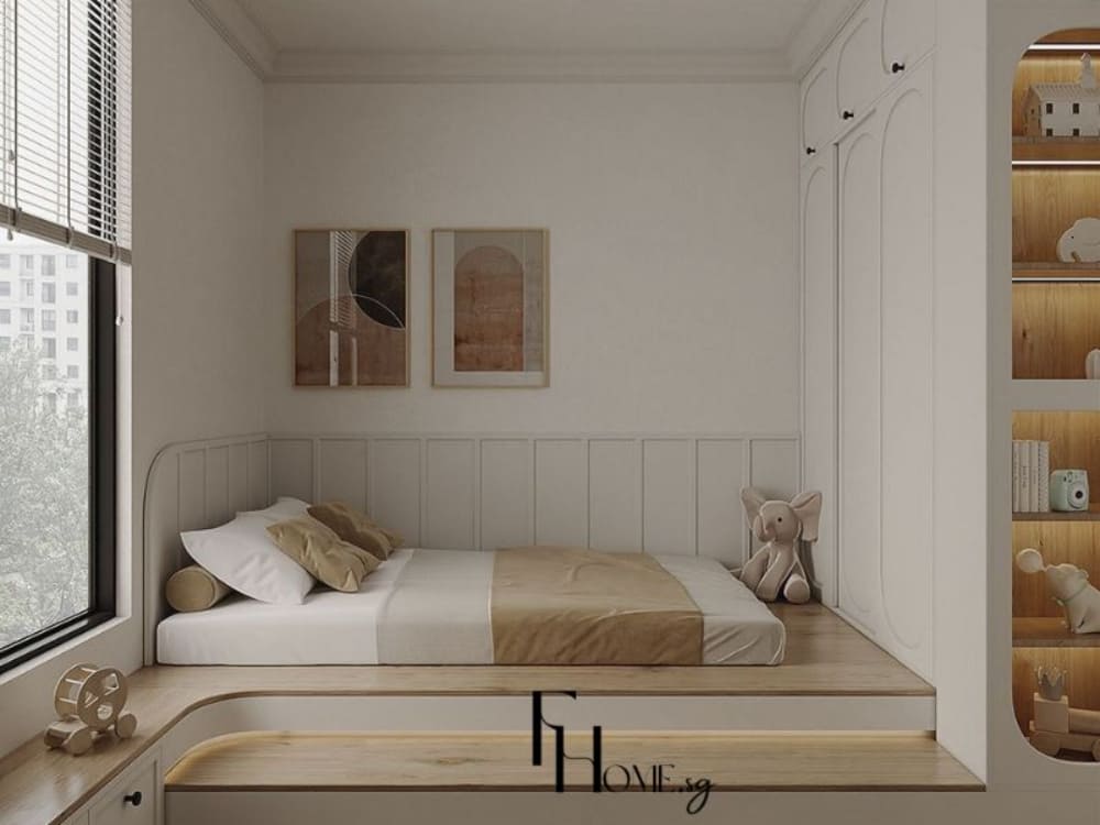 Phòng ngủ phong cách Nhật Bản với tông màu trắng – be, nội thất gỗ sáng và thiết kế tối giản