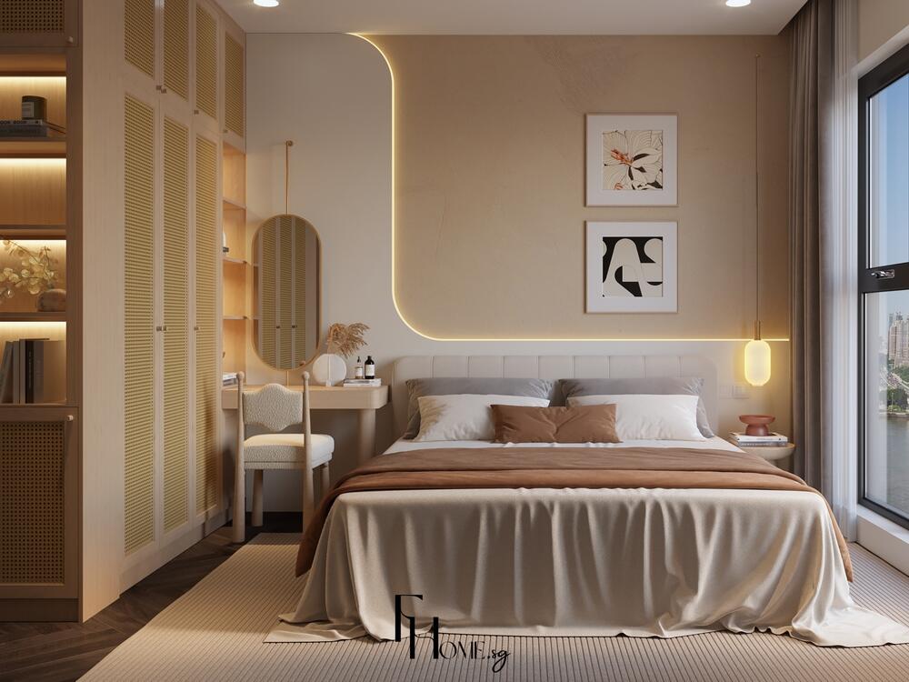 Phòng ngủ phong cách Nhật Bản với tông sáng, nội thất gỗ sáng màu và điểm nhấn đèn treo