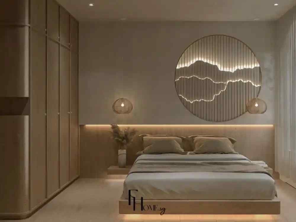 Phòng ngủ phong cách tối giản, nội thất gỗ sáng màu, giường thấp với đèn thả hai bên