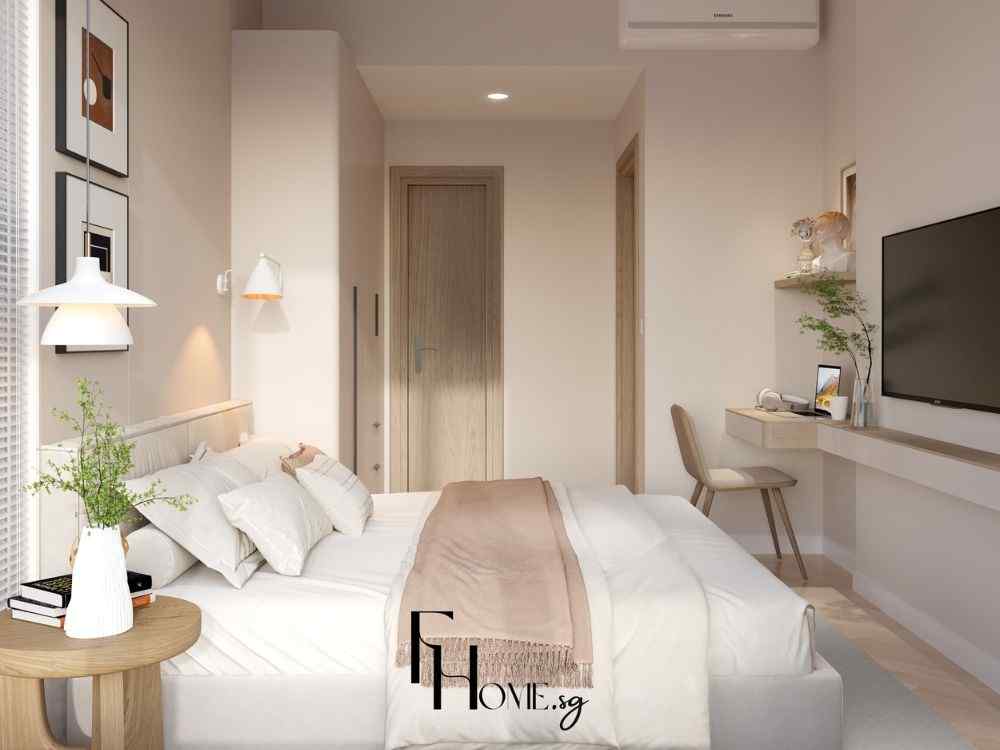 Phòng ngủ phong cách tối giản với nội thất sáng màu, bàn làm việc nhỏ gọn