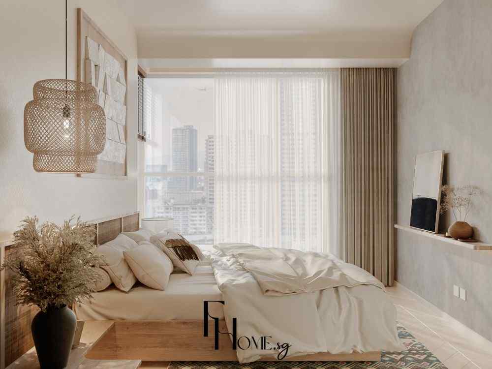 Phòng ngủ phong cách tự nhiên với giường gỗ sáng, đèn mây đan