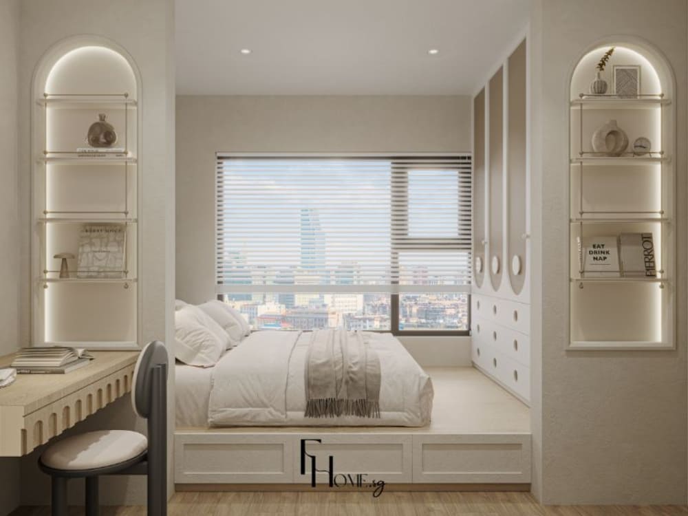 Phòng ngủ phong cách Wabi Sabi với nội thất gỗ tự nhiên, không gian đơn giản