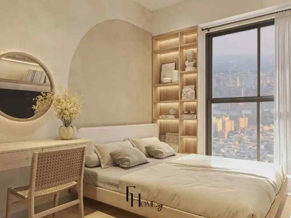 Phòng ngủ phong cách Wabi Sabi với tông be nhẹ, giường gỗ sáng, kệ âm tường trang trí