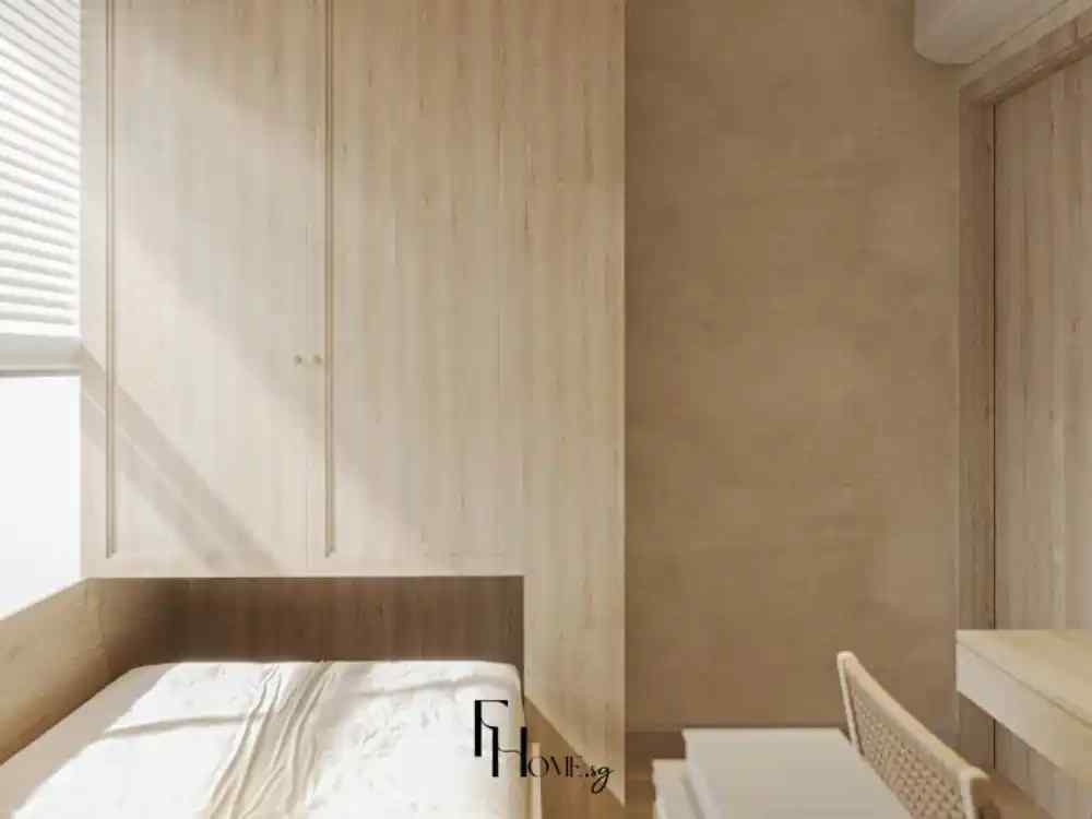 Phòng ngủ phong cách Wabi Sabi với tông gỗ sáng chủ đạo, giường thấp gọn gàng, tủ âm tường