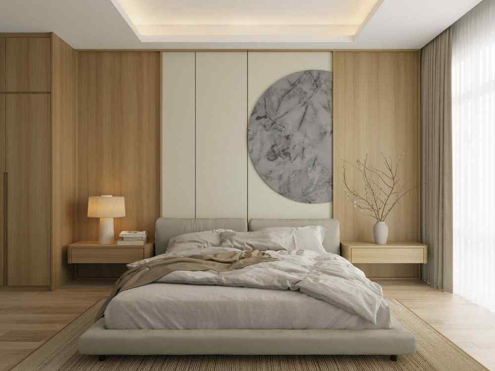 Phòng ngủ phong cách Wabi Sabi với tông gỗ sáng, decor tròn đá cẩm thạch