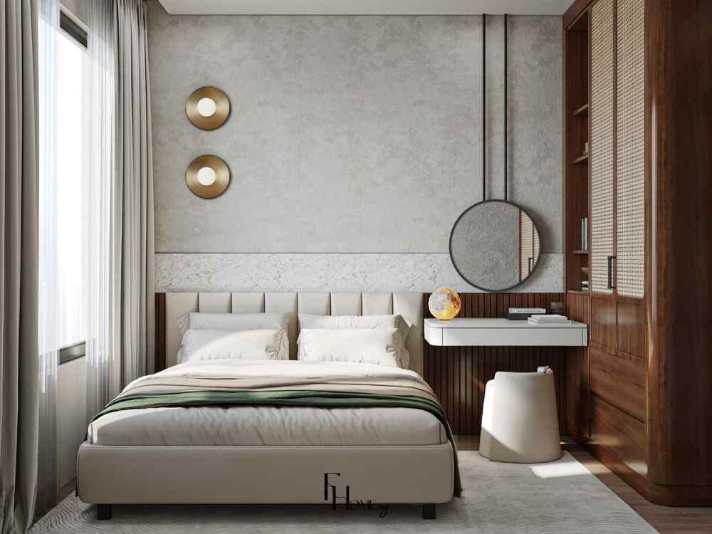 Phòng ngủ phong cách Wabi Sabi với tường xi măng xám, đèn treo tường đồng và gương tròn treo