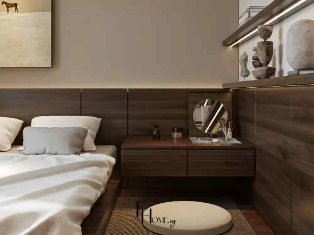 Phòng ngủ phong cách Zen với giường thấp bọc chăn trắng, tường gỗ tối giản và bàn trang điểm nhỏ