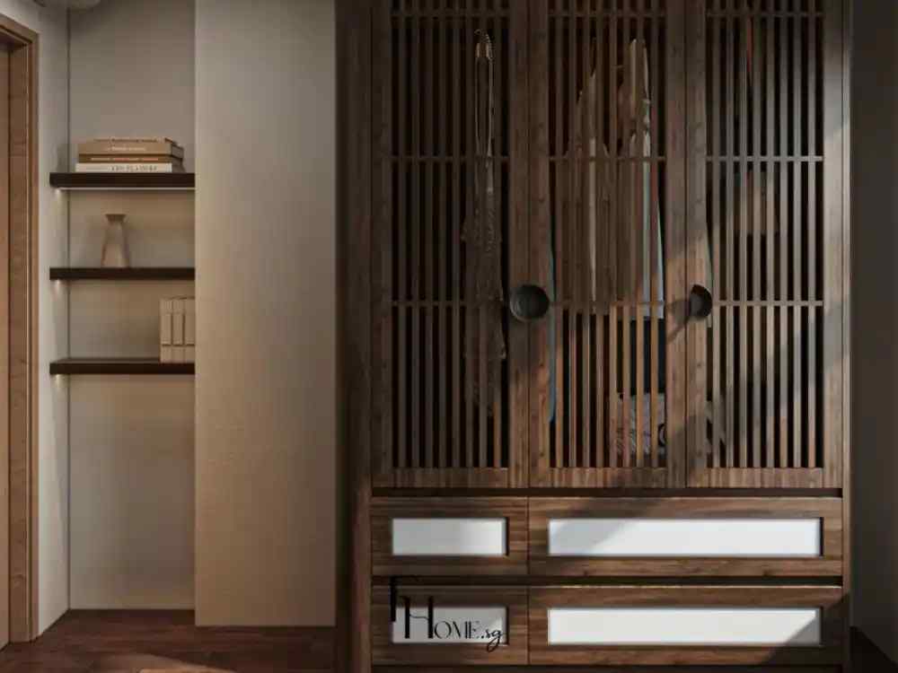 Phòng ngủ phong cách Zen với tủ quần áo gỗ nan dọc, kệ trang trí âm tường đặt sách và bình gốm