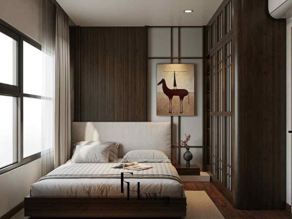 Phòng ngủ phong cách Zen với tường gỗ đậm, giường thấp sát sàn