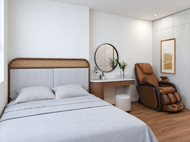 Phòng ngủ phụ hiện đại với giường, bàn trang điểm và ghế massage