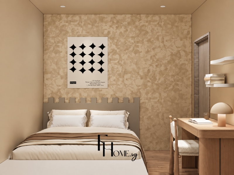 Phòng ngủ phụ phong cách Wabi Sabi với tường thô, giường be và bàn làm việc gỗ
