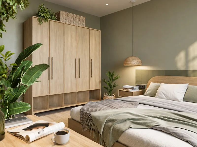 Thiết kế phòng ngủ phong cách sinh thái kết hợp tủ gỗ sáng với chăn ga trung tính và cây lá lớn.