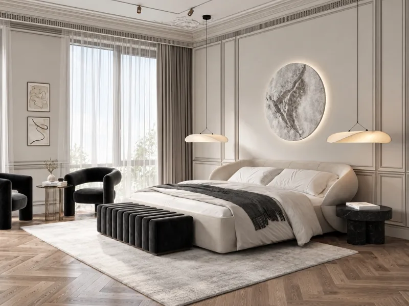 Thiết kế phòng ngủ phong cách tân cổ điển đặt giường bọc nệm trước tường phào xám có đèn trang trí.