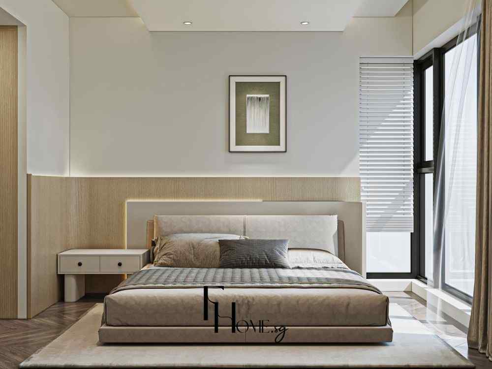 Phòng ngủ tối giản tông be xám, giường bọc nệm thấp hiện đại cạnh cửa sổ lớn