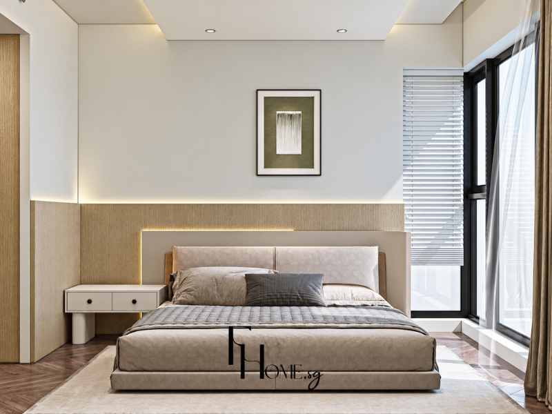 Phòng ngủ chung cư tối giản với giường lớn, tường ốp gỗ, tranh treo và cửa sổ lớn