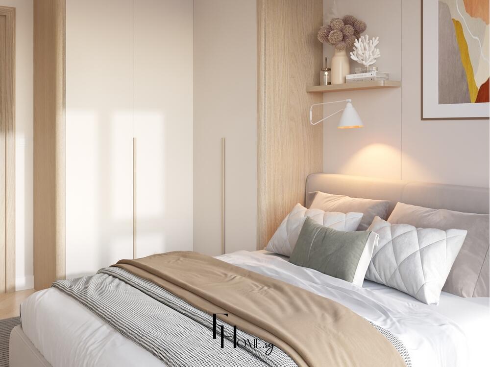 Phòng ngủ tối giản với gam màu be sáng, giường bọc nệm và tủ âm tường gọn gàng