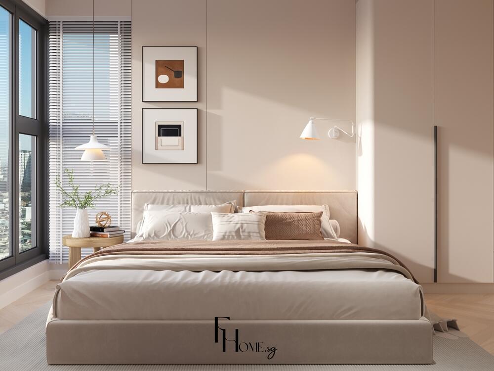 Phòng ngủ tối giản với giường bọc nệm, ánh sáng tự nhiên và tranh treo tường trang nhã