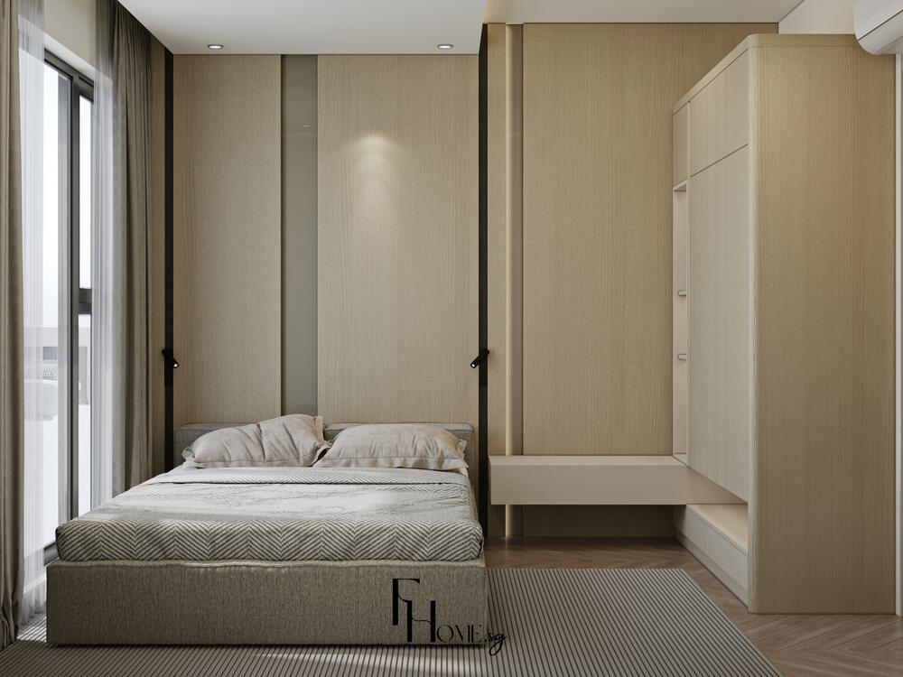 Phòng ngủ tối giản với giường bọc nệm, tủ kịch trần và tường ốp gỗ sáng màu