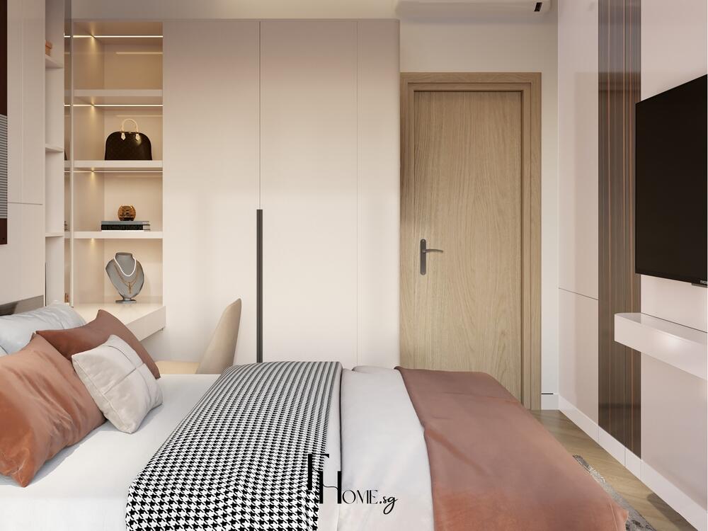 Phòng ngủ tối giản với giường đôi, tủ âm tường và góc trang điểm tinh gọn