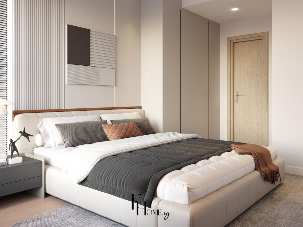 Phòng ngủ tối giản với giường đôi, tủ âm tường và tông màu trung tính ấm áp