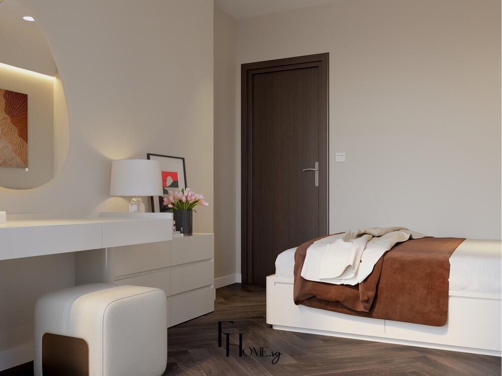 Phòng ngủ tối giản với giường đơn, bàn trang điểm trắng và ánh sáng đèn ấm áp