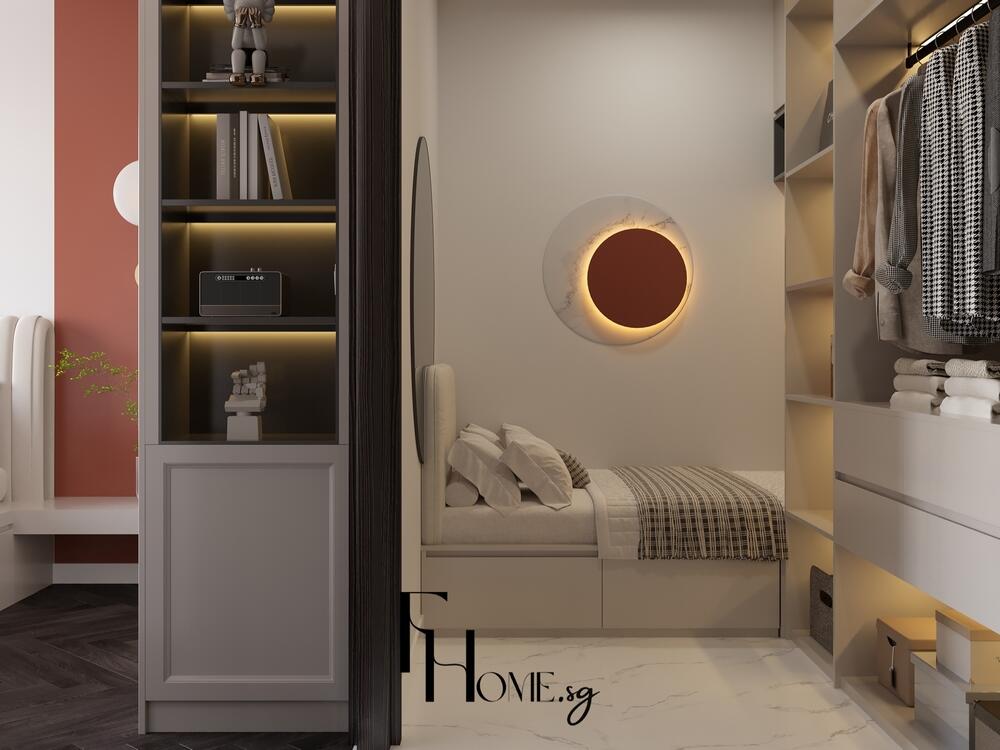 Phòng ngủ tối giản với giường đơn, tủ áo và kệ trang trí gọn gàng ánh sáng ấm