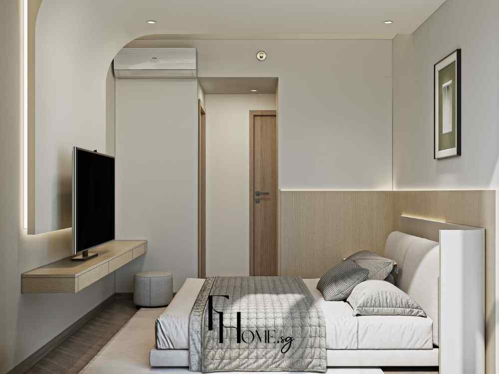 Phòng ngủ tối giản với giường thấp bọc nệm be, mảng tường bo cong