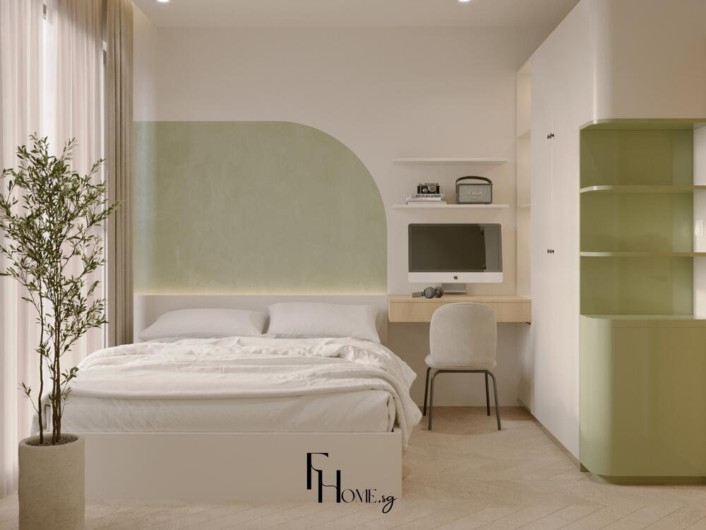 Phòng ngủ tối giản với giường trắng, góc làm việc nhỏ gọn và mảng tường xanh nhạt