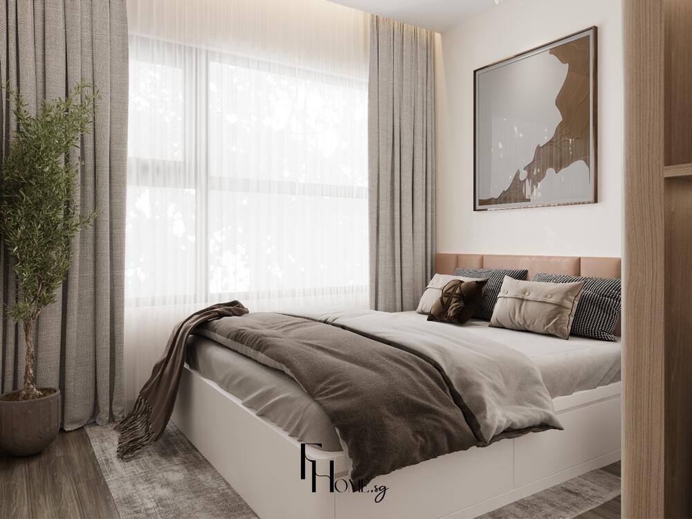 Phòng ngủ tối giản với tông nâu be ấm áp, giường bọc nệm và rèm vải dày mềm mại