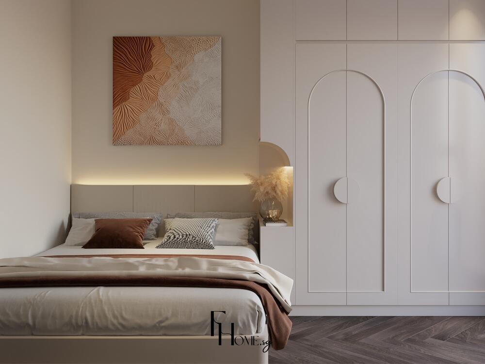 Phòng ngủ tối giản với tủ âm tường bo cong, giường nệm và tranh trang trí