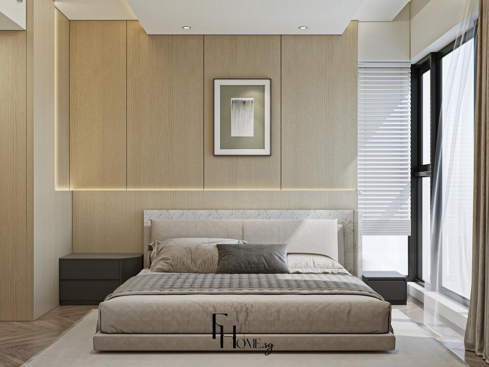 Phòng ngủ tối giản với tường ốp gỗ sáng, giường bọc vải xám và cửa sổ lớn đón sáng tự nhiên