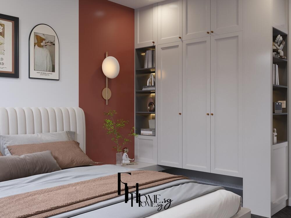 Phòng ngủ tối giản với tường sơn đỏ nâu nhấn, tủ âm tường trắng và giường bọc vải kem