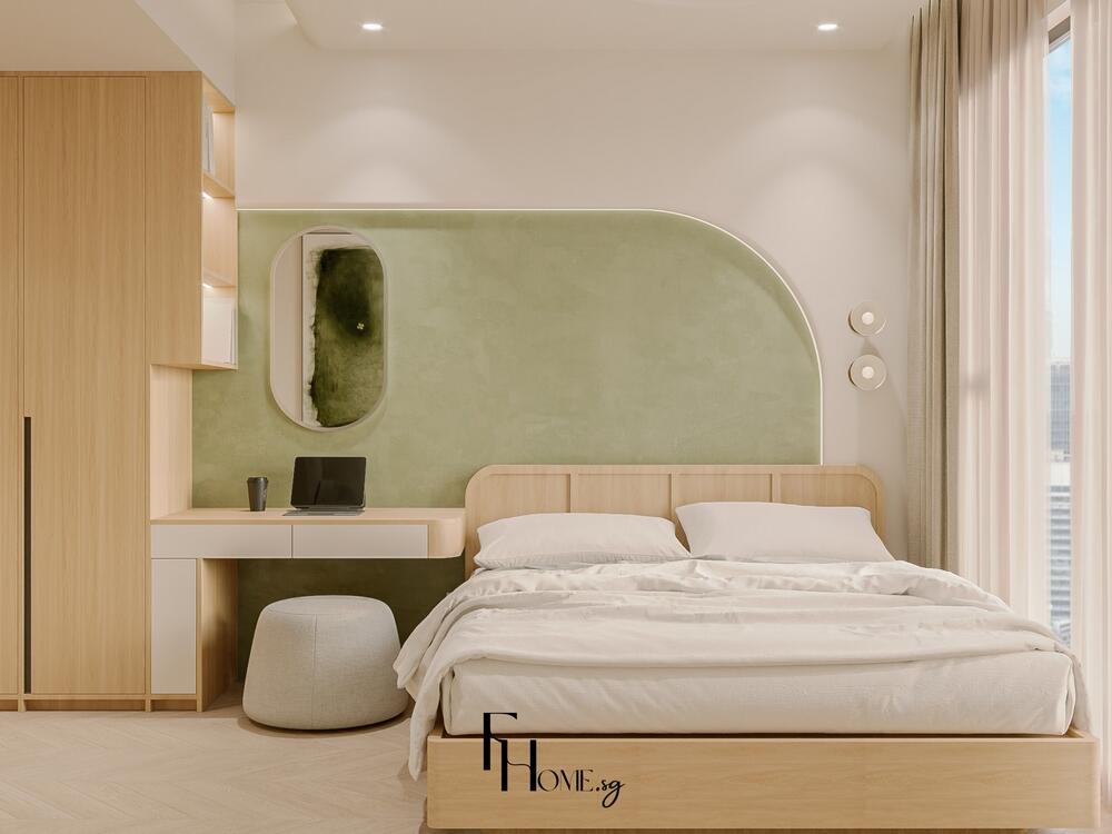 Phòng ngủ tối giản với tường xanh pastel bo cong, giường gỗ sáng và bàn làm việc cạnh cửa sổ