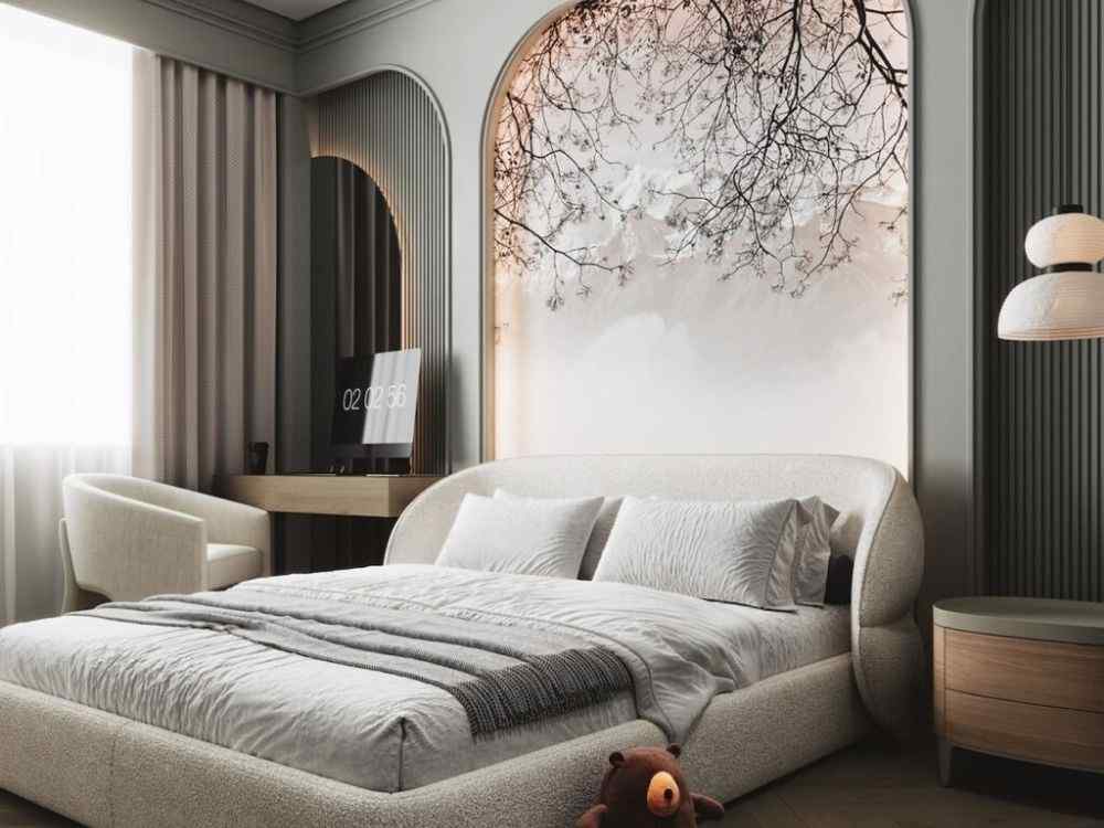 Phòng ngủ tông be sáng, giường bo cong mềm mại, tranh tường nhánh cây nhẹ nhàng