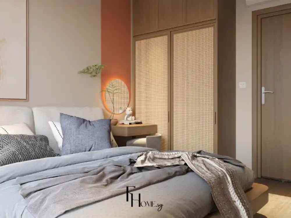 Phòng ngủ tông nâu be và cam đất nhẹ nhàng, giường nệm bọc vải xám, tủ quần áo cửa mây tre