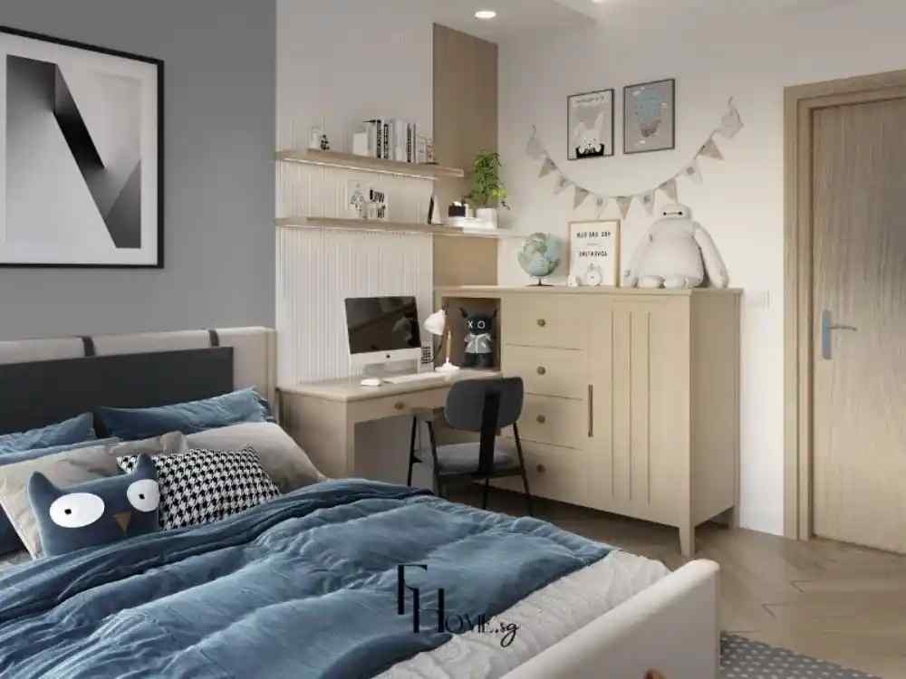 Phòng ngủ tông xanh xám, giường bọc nệm cùng bàn học gỗ sáng và decor tối giản.