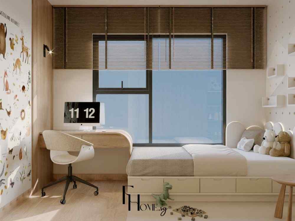 Phòng ngủ trẻ em phong cách Nhật Bản với giường thấp, bàn học gỗ cong