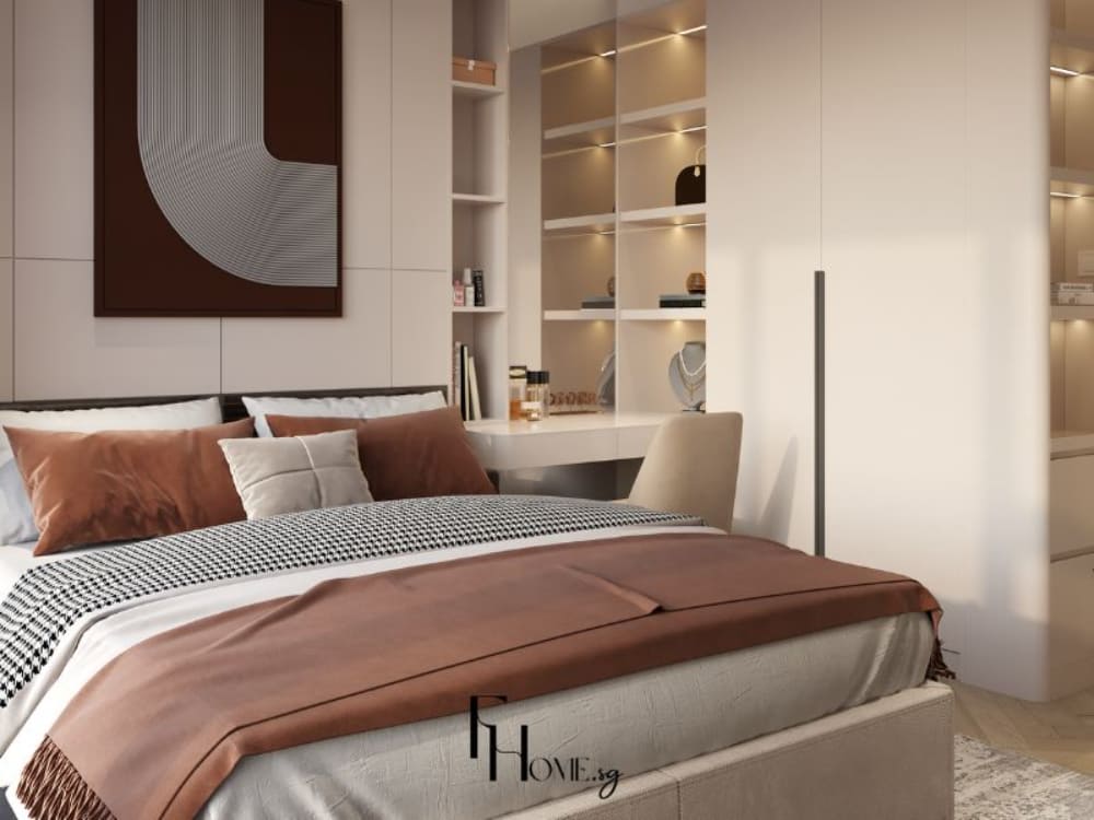 Phòng ngủ trong căn hộ 50m2 với giường đôi bố trí sát tường, kết hợp bàn làm việc nhỏ