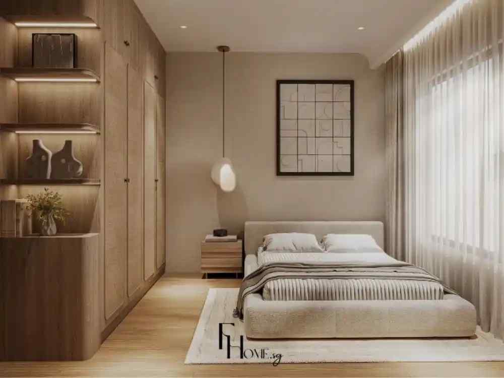 Phòng ngủ với giường bọc nệm sáng màu, chăn gối phối be và xám, tủ quần áo kết hợp kệ trang trí