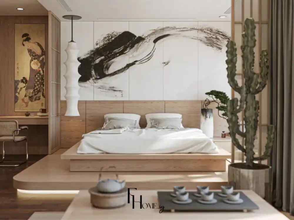 Phòng ngủ với giường gỗ bệt và tranh trừu tượng đen trắng trên đầu giường, cùng cây bonsai và chậu xương rồng