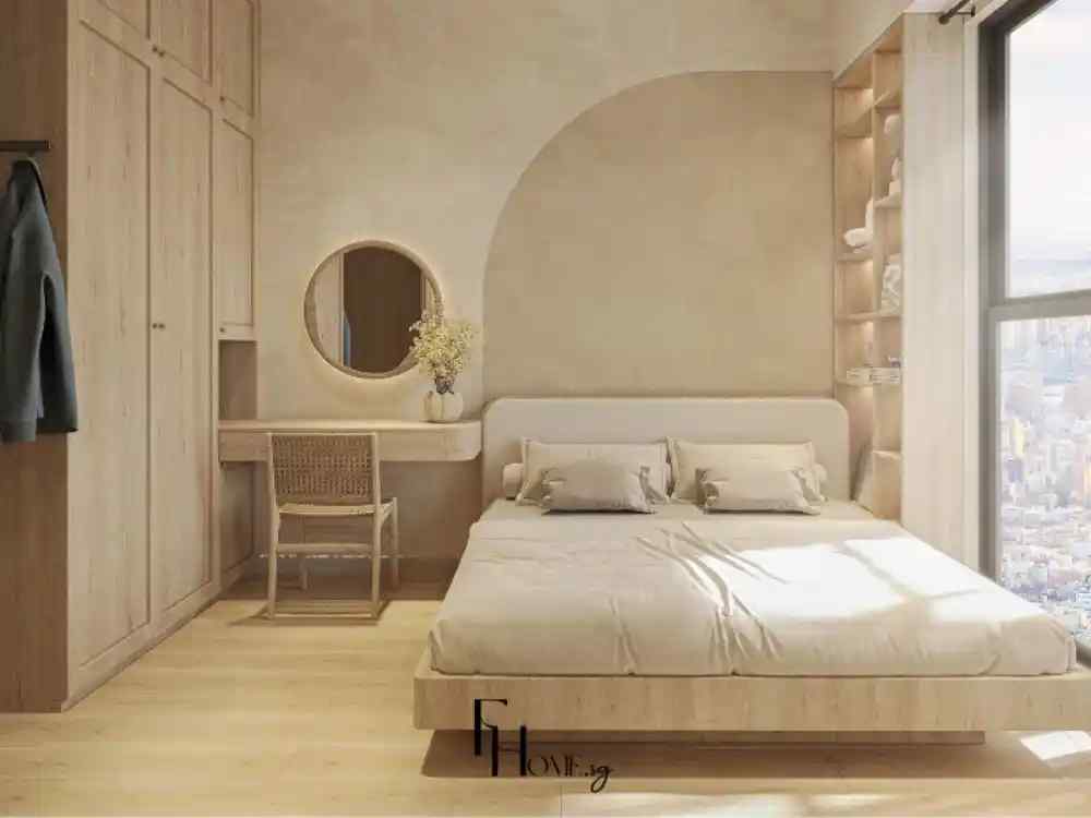 Phòng ngủ với giường gỗ sáng tự nhiên và cửa sổ lớn đón ánh sáng, bàn trang điểm treo kèm gương tròn