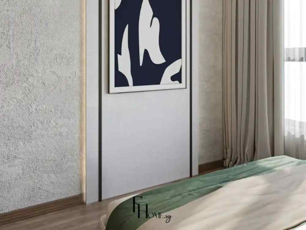 Phòng ngủ với phong cách hiện đại tối giản, sử dụng tông màu trung tính, mảng tường có khung trang trí viền đen