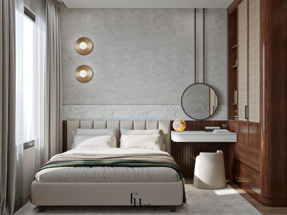 Phòng ngủ tối giản với giường gỗ trắng, tủ quần áo gỗ nâu và đen trang trí