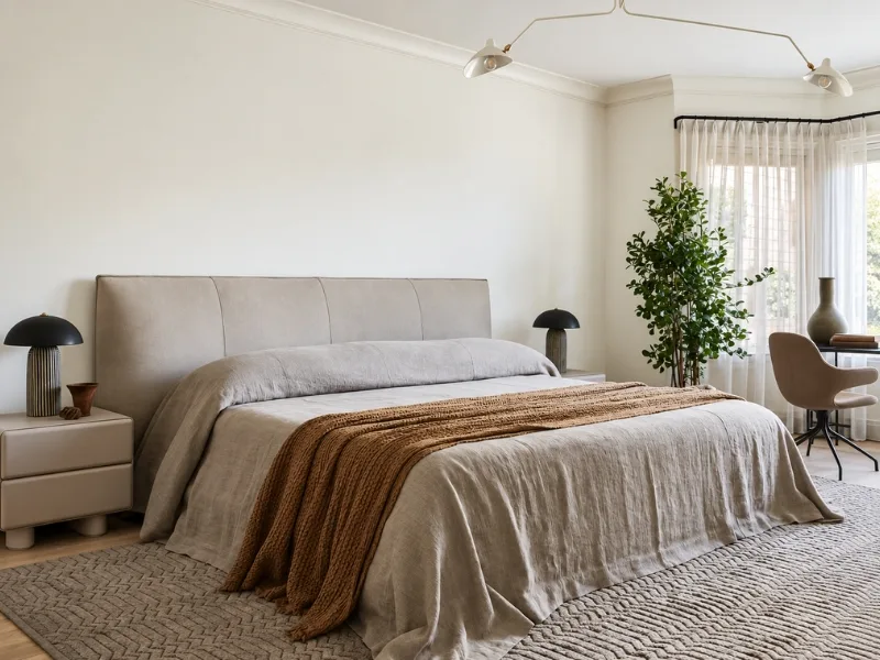 Phòng ngủ phong cách Wabi Sabi có giường dáng gọn với chăn linen phối màu xám và be.